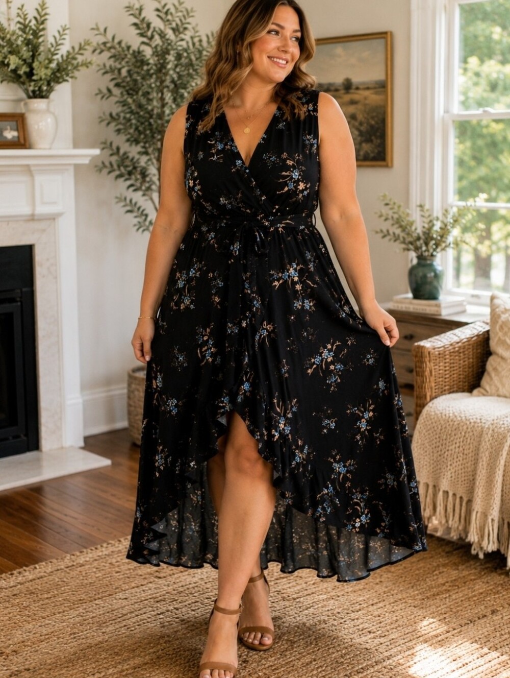 Chelsea Black Garden Floral cottagecore boho-chic Midi sleeveless dress Plus Sz